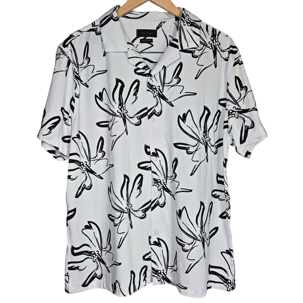 Porter & Ash Mens Kinetic Stretch Short Sleeve Camp Shirt Floral White Black XL